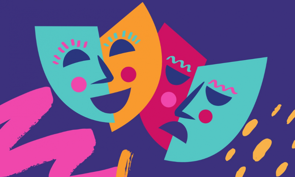 Two theatre masks- one showing a happy face and the other a sad face.